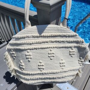 Straw Fringe Tote Handbag - Shade  & Shore Off-White.
